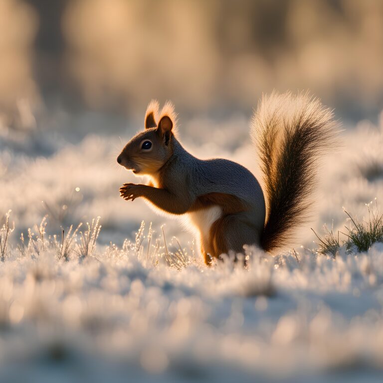 Side profile of a cute red squirrel standing on snowy ground with golden sunrise backlight glowing on its fluffy tail