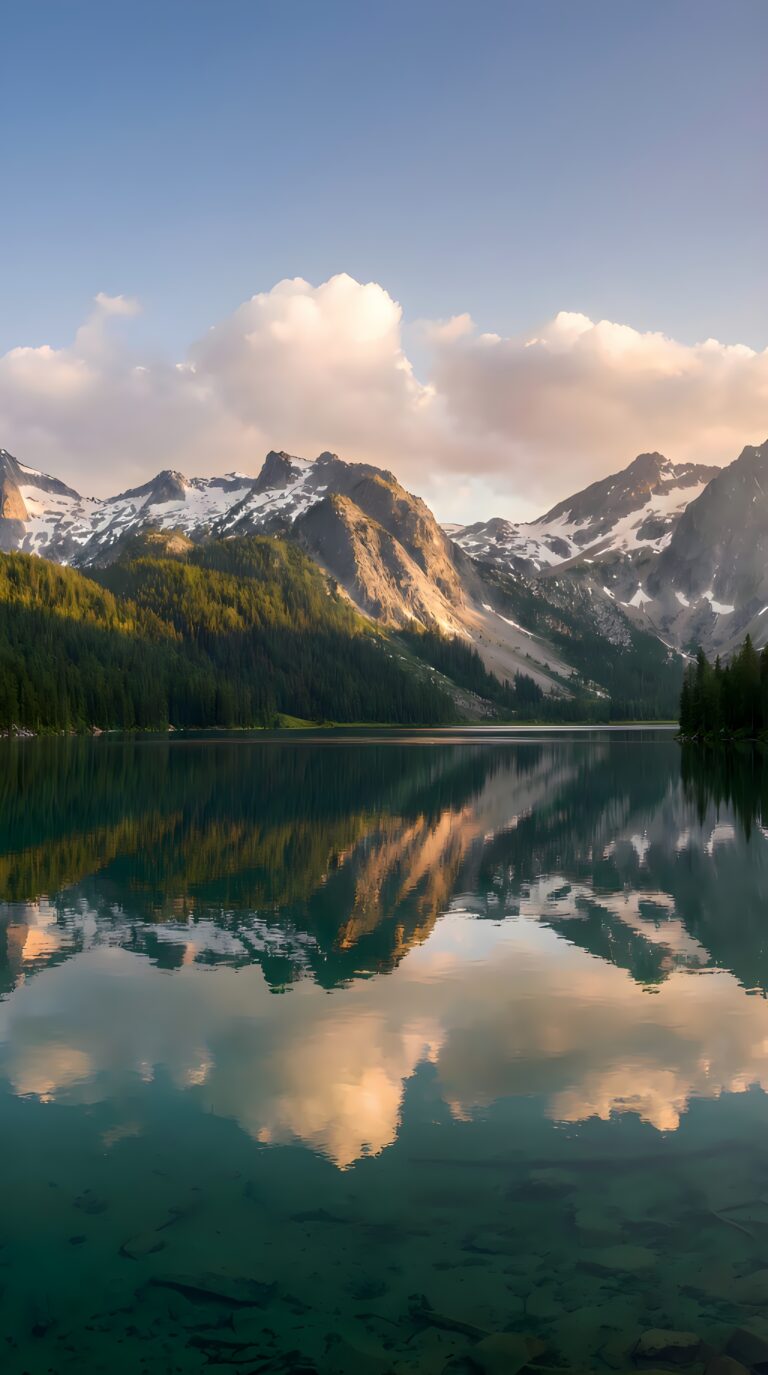 Panoramic alpine landscape, crystal-clear emerald lake reflecting snow-capped granite peaks, lush green pine forests, soft cumulus clouds, cinematic light, 8k resolution textures.