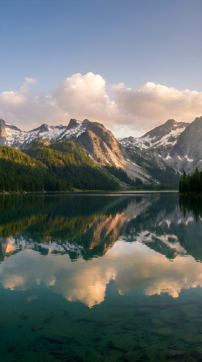 Panoramic alpine landscape, crystal-clear emerald lake reflecting snow-capped granite peaks, lush green pine forests, soft cumulus clouds, cinematic light, 8k resolution textures.
