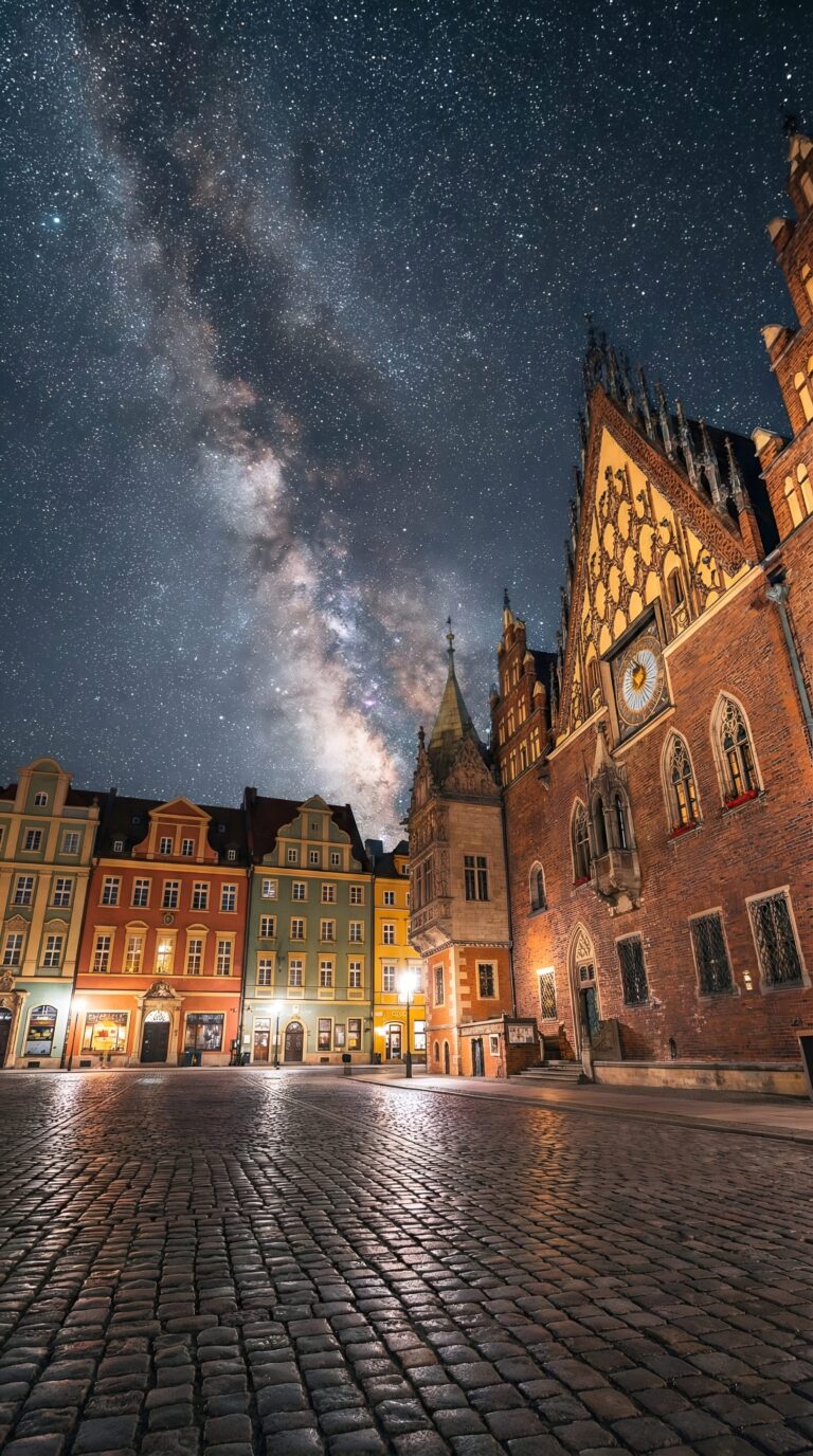 Historic Wroclaw city square at night under a glowing Milky Way starry sky aesthetic 4K ultra HD mobile wallpaper