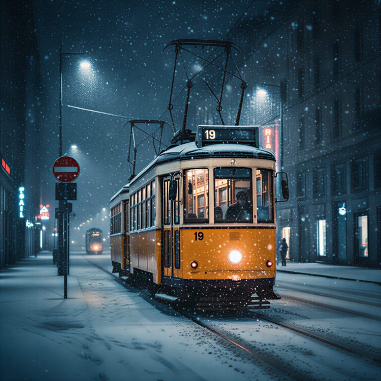 An ultra-realistic 4K image of a vintage yellow tram number 19 covered in snow on a city street at night during a heavy snowstorm with glowing headlights.