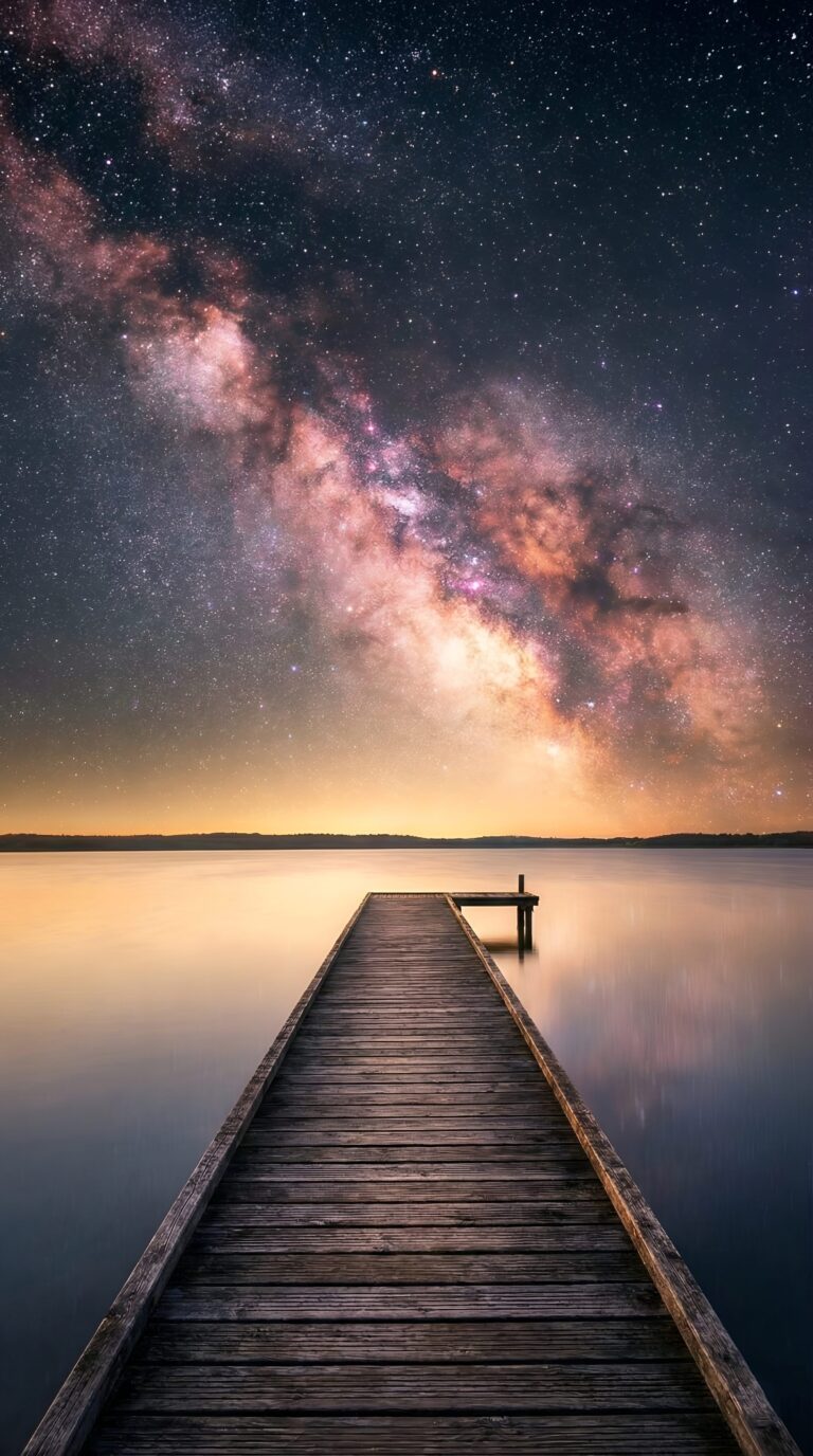 Wooden pier leading to a glowing Milky Way starry night sky aesthetic 4K ultra HD mobile wallpaper