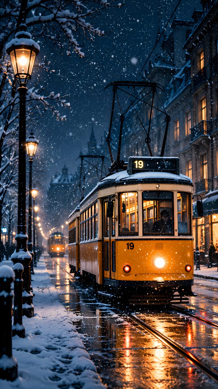 An ultra-realistic 4K image of a vintage yellow tram number 19 covered in snow on a city street at night during a heavy snowstorm with glowing headlights.