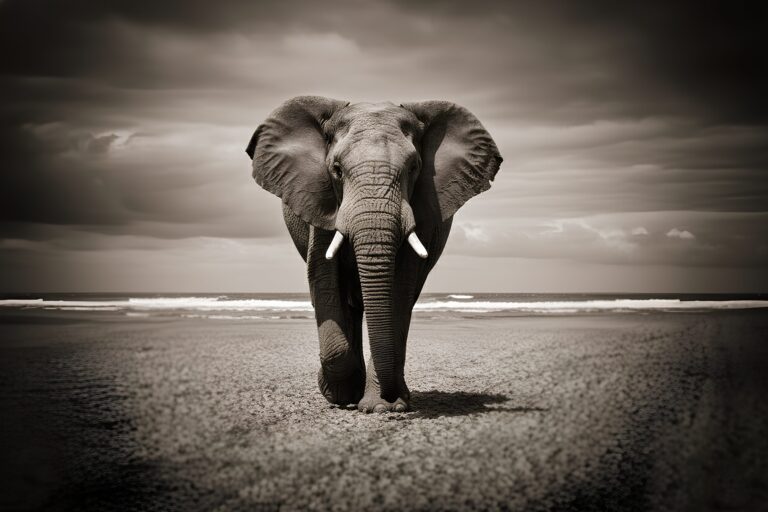 Monochrome landscape of a large African elephant walking on a dry field under a cloudy sky for mobile background