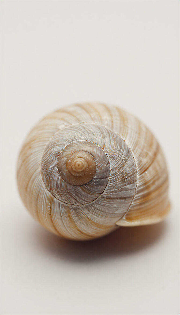 Close-up macro shot of a white and beige spiral seashell on a plain white background for minimalist mobile wallpaper