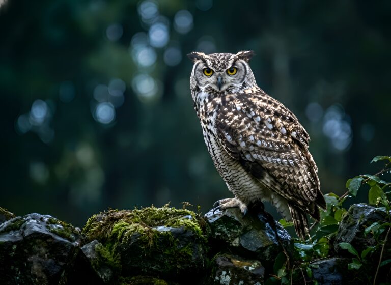 Close-up portrait of a Great Horned Owl perched on a mossy rock in a dark forest for mobile background