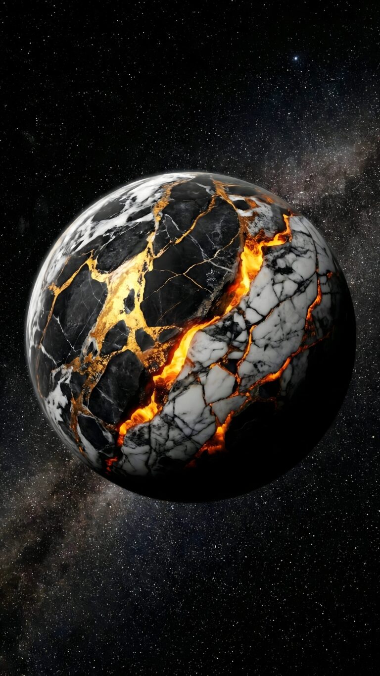 Highly detailed 3D digital render of a luxury abstract planet with black and white marble texture and glowing gold cracks in deep space aesthetic 4K ultra HD mobile wallpaper