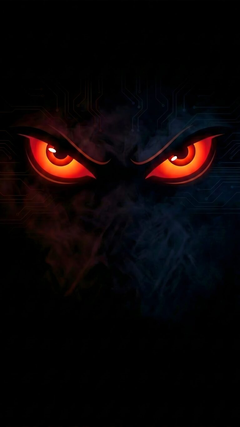 Highly detailed digital render of intense glowing red cyber demon eyes staring out from a pure pitch black background aesthetic 4K ultra HD mobile wallpaper