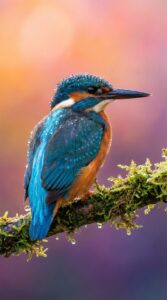 Colorful blue and orange kingfisher bird perched on a mossy branch 4k mobile wallpaper