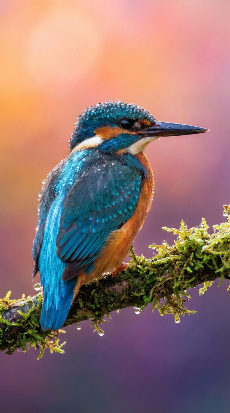 Highly detailed digital art of a vibrant kingfisher bird perched on a mossy branch with a smooth colorful background aesthetic 4K ultra HD mobile wallpaper