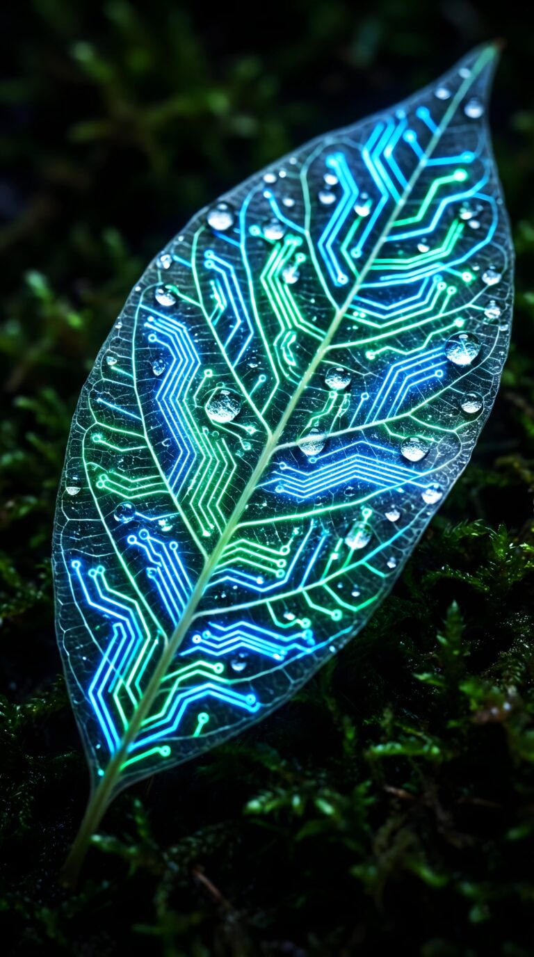 Close up macro shot of a green leaf with glowing neon blue circuit board patterns and water drops aesthetic 4K ultra HD mobile wallpaper