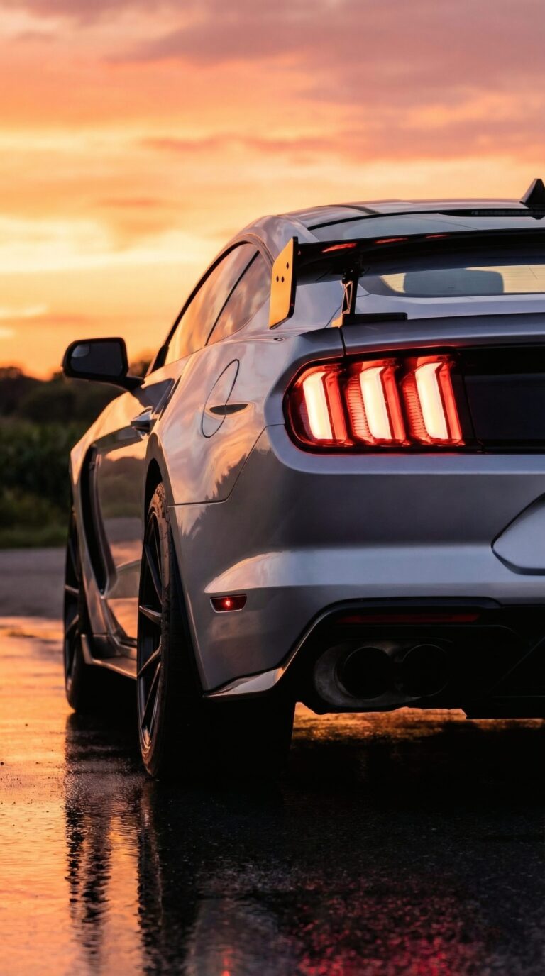 Close up of a silver muscle car with glowing red tail lights during a golden sunset aesthetic 4K ultra HD mobile wallpaper
