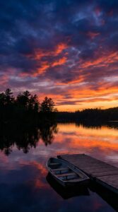 A wooden boat tied to a dock on a calm lake, silhouetted against a fiery orange and purple sunset with pine trees.