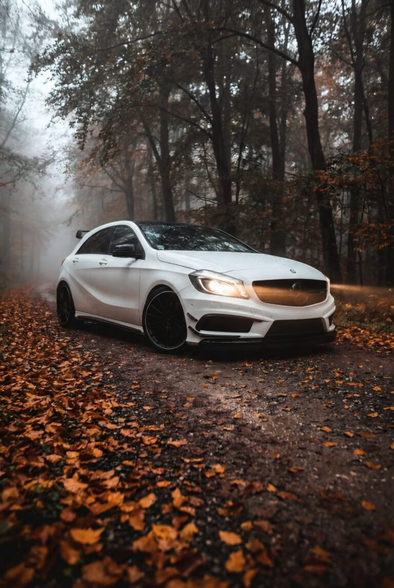 Sporty white hatchback car parked on a foggy forest road covered in autumn leaves aesthetic 4K ultra HD mobile wallpaper