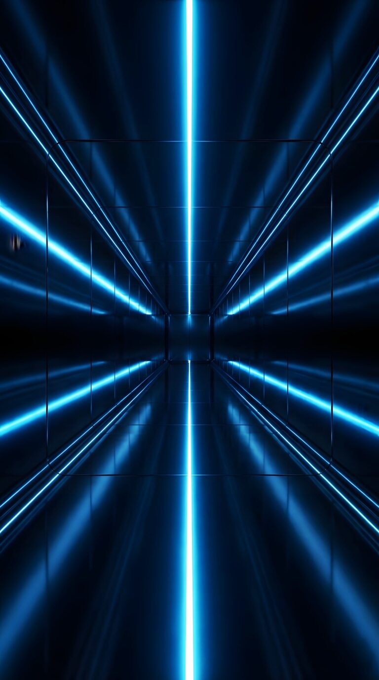 Symmetrical futuristic dark tunnel with glowing blue neon lines aesthetic 4K ultra HD mobile wallpaper