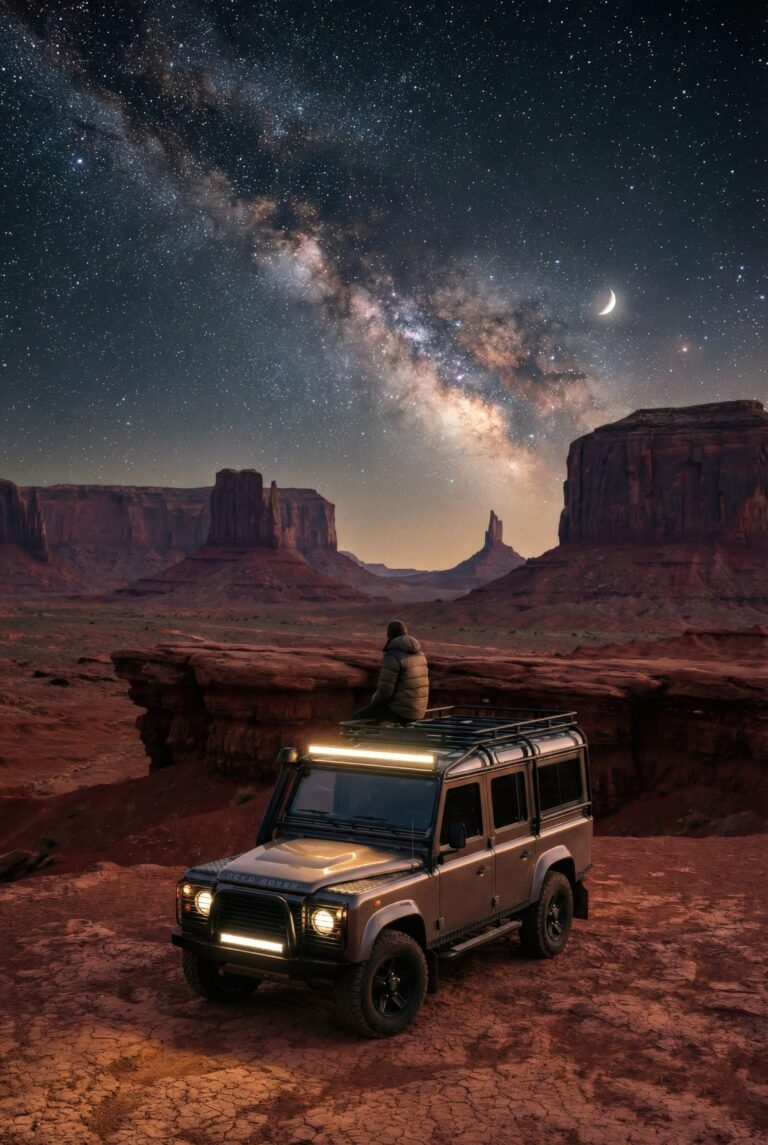 Off-road SUV parked in a rocky desert at night with a person sitting on the roof looking at a stunning Milky Way starry sky aesthetic 4K ultra HD mobile wallpaper
