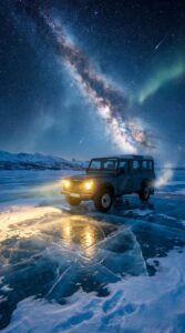 Mercedes-Benz G-Class SUV driving on cracked blue ice under a starry milky way sky and aurora lights for mobile wallpaper