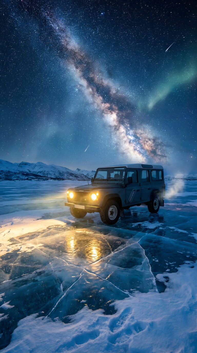 Off-road SUV parked on a cracked frozen lake under a glowing Milky Way and Aurora Borealis night sky aesthetic 4K ultra HD mobile wallpaper