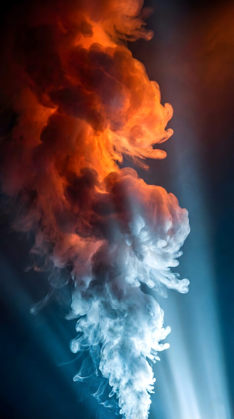 Abstract aesthetic 4K ultra HD mobile wallpaper featuring contrasting orange fire and blue ice colored smoke with dramatic light rays