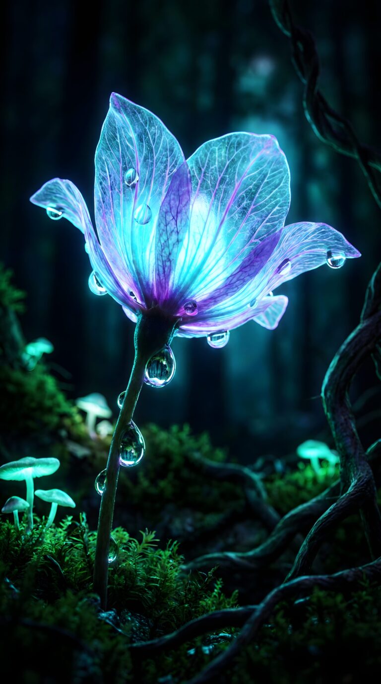 Close up of a magical bioluminescent glowing blue flower with water drops in a dark forest aesthetic 4K ultra HD mobile wallpaper