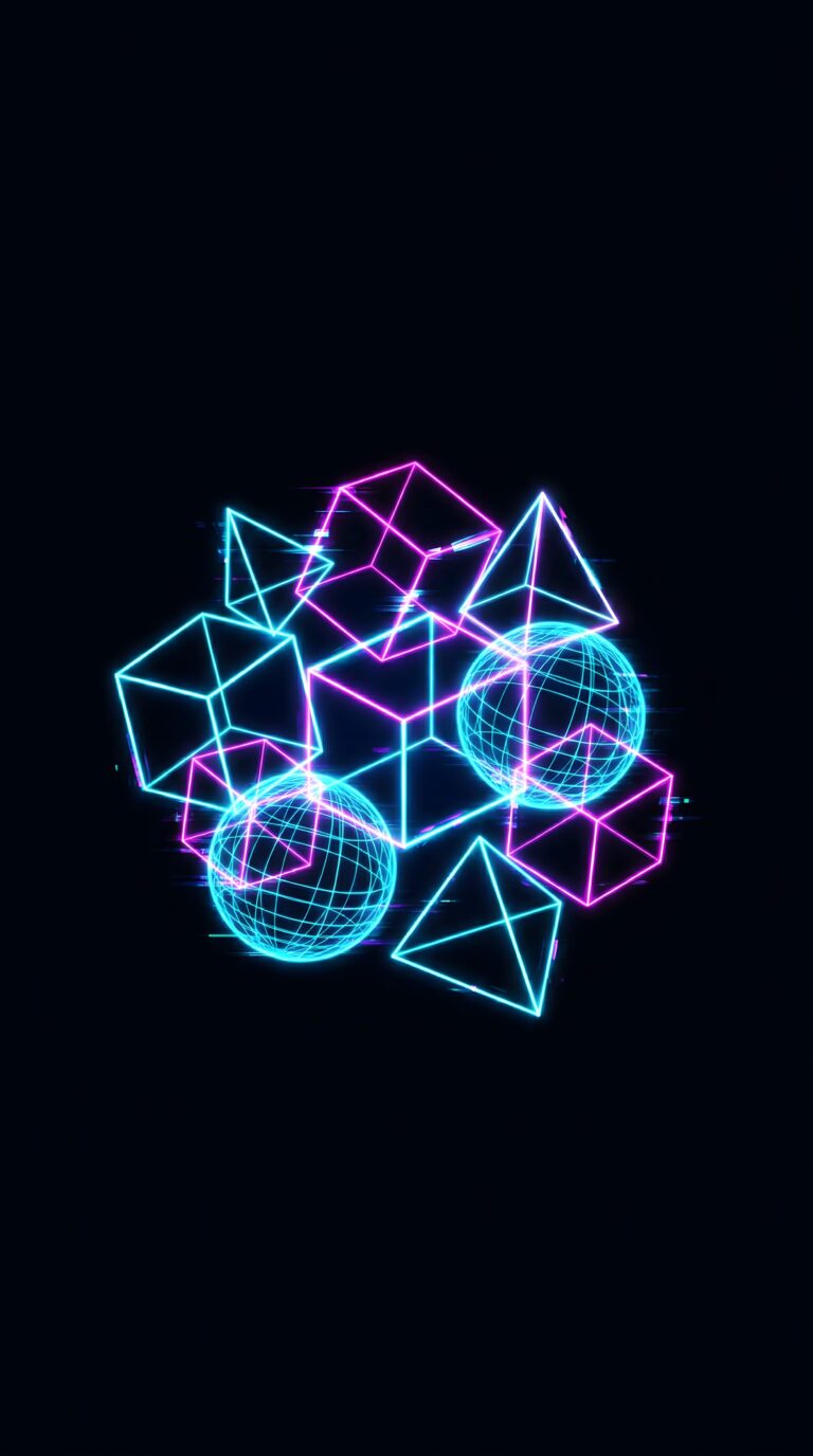 Floating 3D holographic geometric shapes with glowing pink and blue neon outlines on a dark background aesthetic 4K ultra HD mobile wallpaper