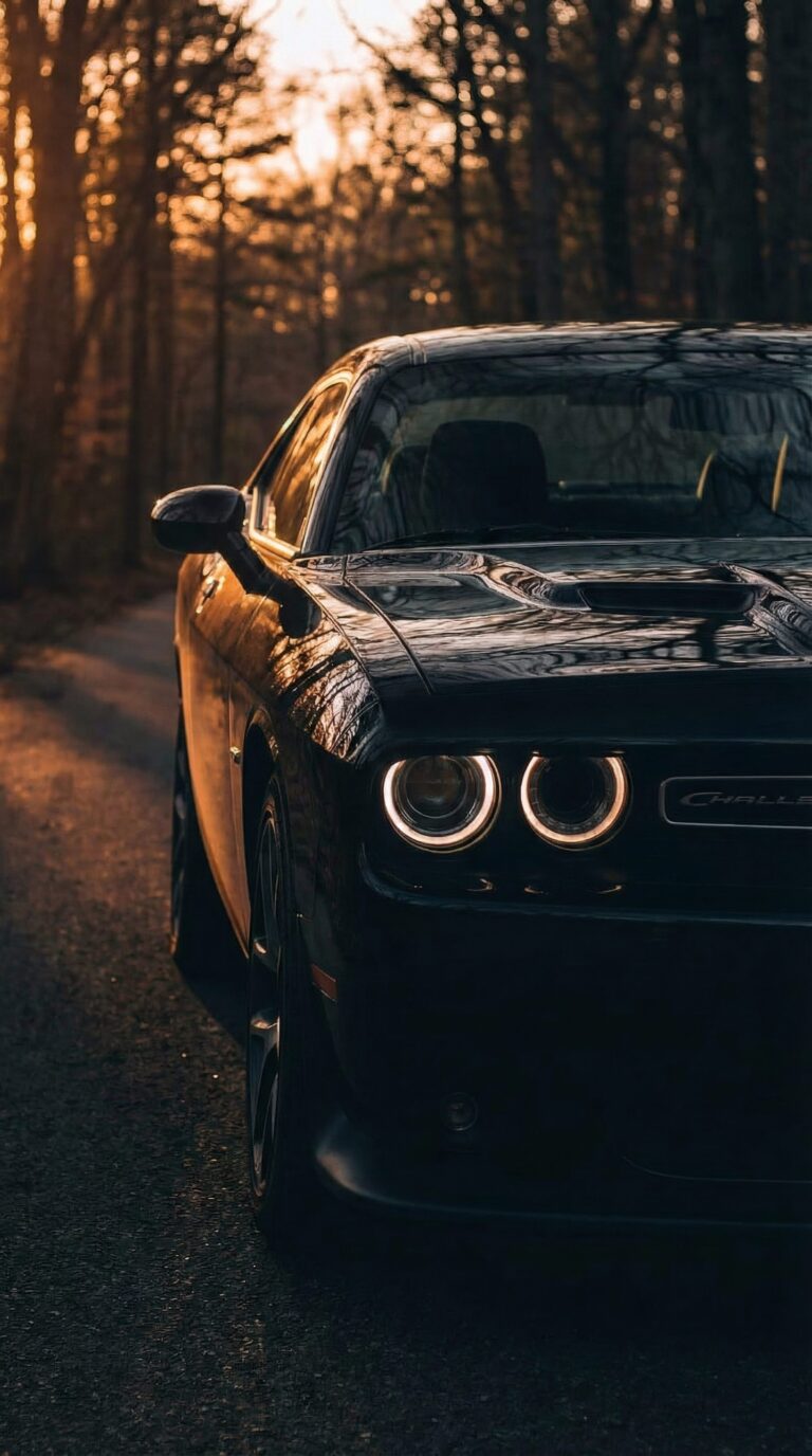 Close up front view of a sleek black muscle car with glowing round headlights parked on a forest road during sunset aesthetic 4K ultra HD mobile wallpaper