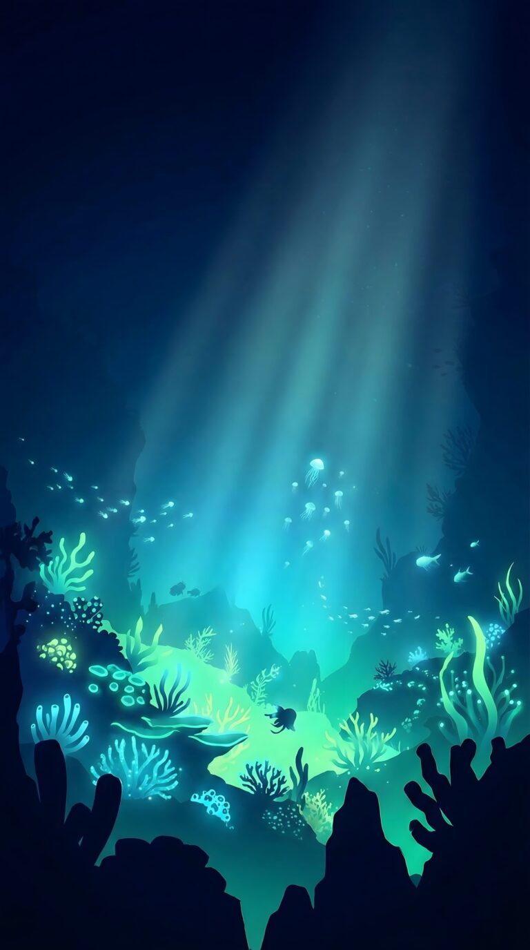 Beautiful underwater ocean floor with light rays shining through coral reefs and fish aesthetic 4K ultra HD mobile wallpaper
