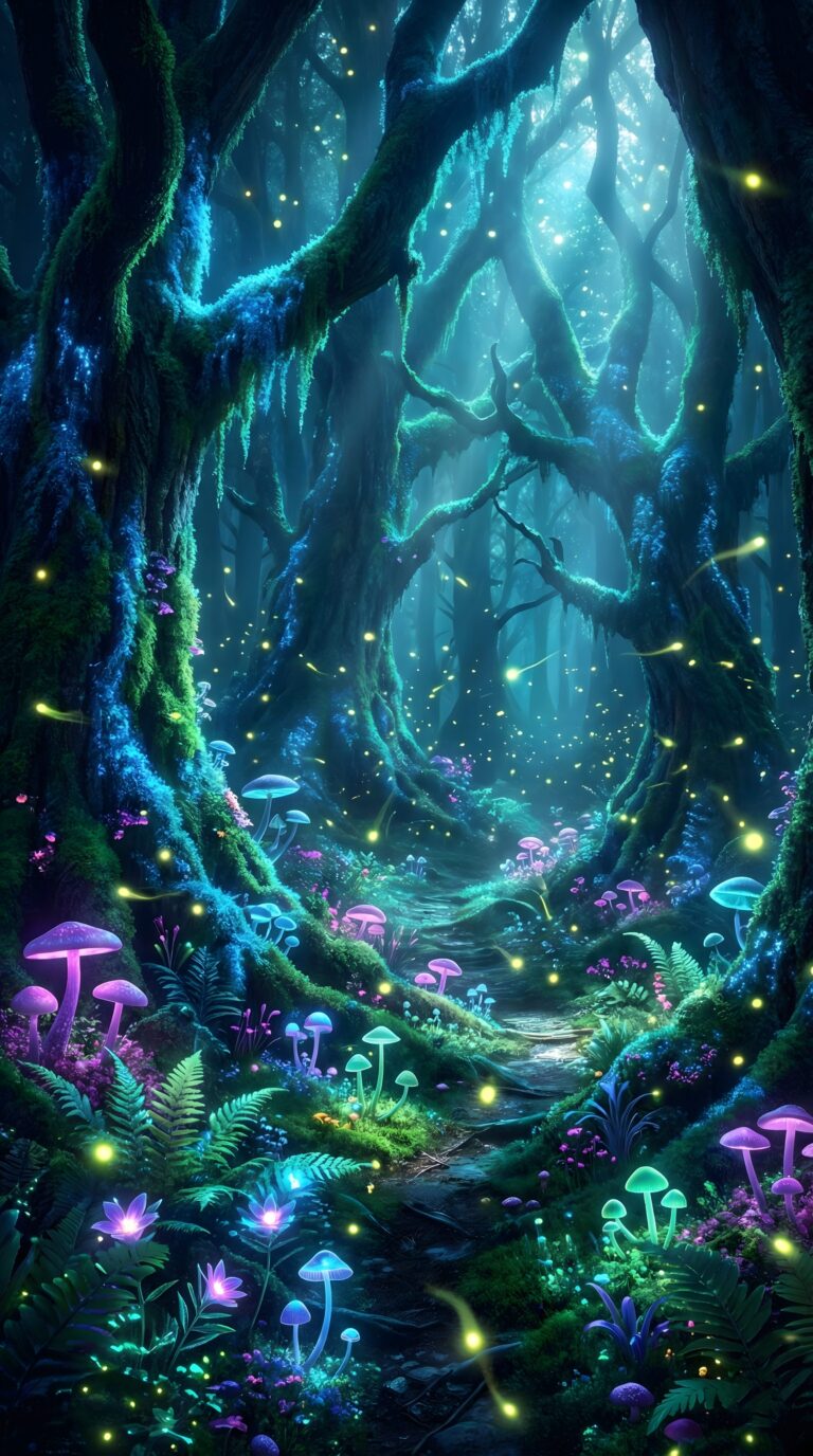 Highly detailed digital art of a dark mystical forest with glowing bioluminescent mushrooms and light particles aesthetic 4K ultra HD mobile wallpaper