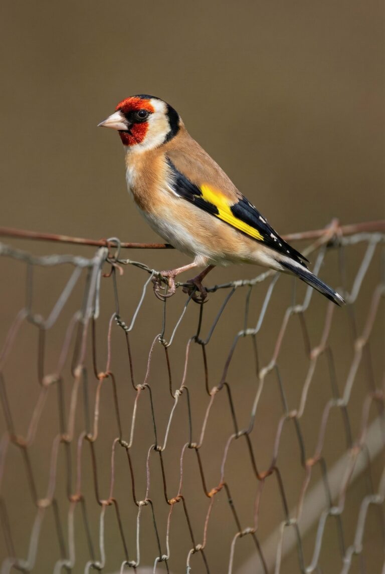 Close up macro photography of a beautiful European Goldfinch bird perched on a wire fence with a soft blurred nature background aesthetic 4K ultra HD mobile wallpaper