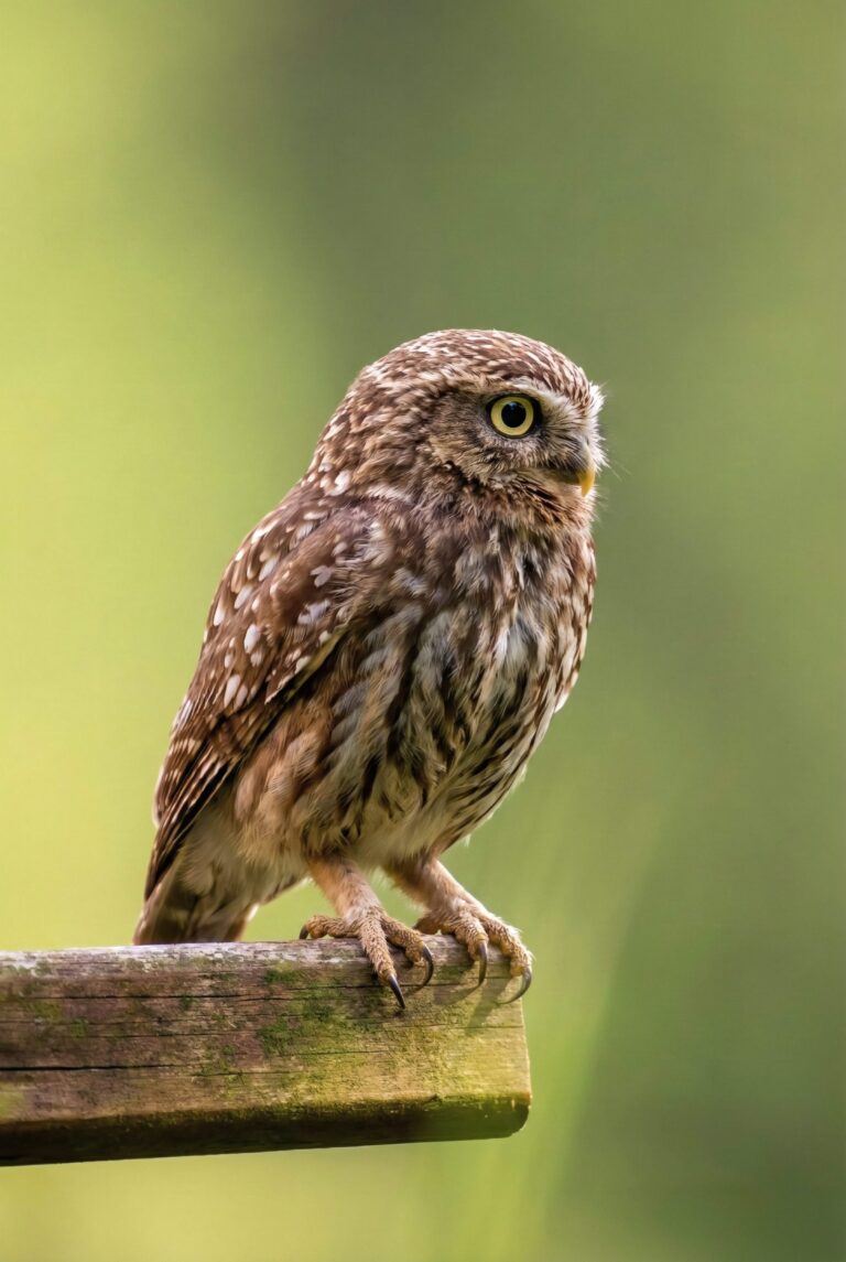 Close up portrait of a majestic owl perched on wood with a soft green nature background aesthetic 4K ultra HD mobile wallpaper