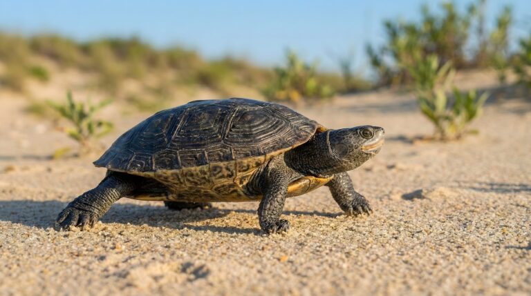 Detailed shot of a turtle walking on sunlit sand in its natural habitat aesthetic 4K ultra HD desktop wallpaper