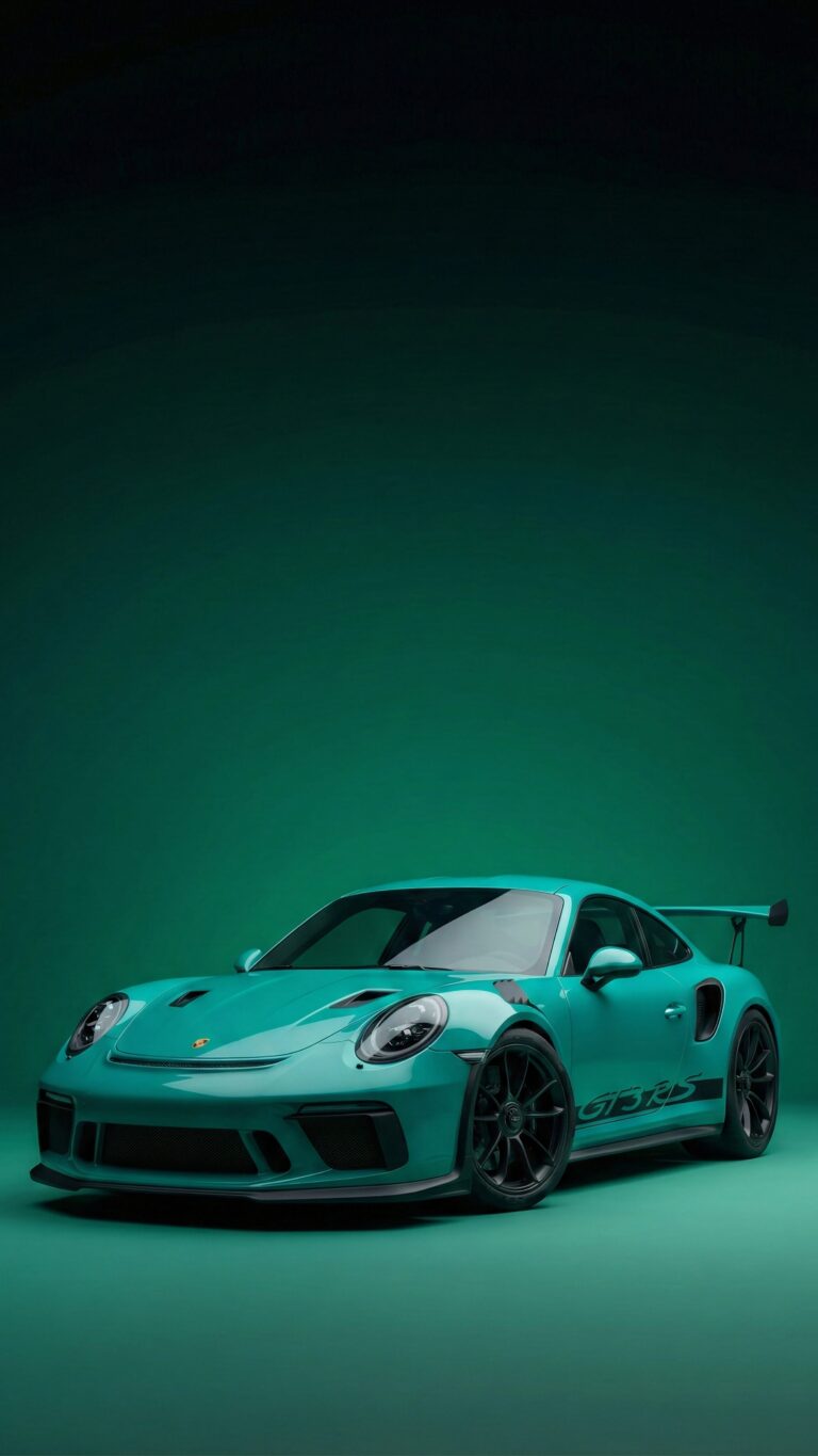 Highly detailed digital art of a sleek teal mint green Porsche sports car on a solid matching minimalist background aesthetic 4K ultra HD mobile wallpaper