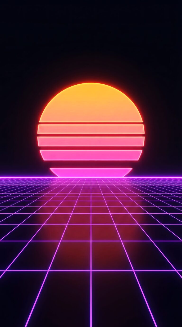 Glowing neon purple grid with an 80s retro synthwave sunset on a dark background aesthetic 4K ultra HD mobile wallpaper