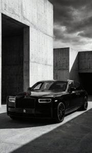 Sleek black luxury sedan parked in a modern, minimalist concrete environment.