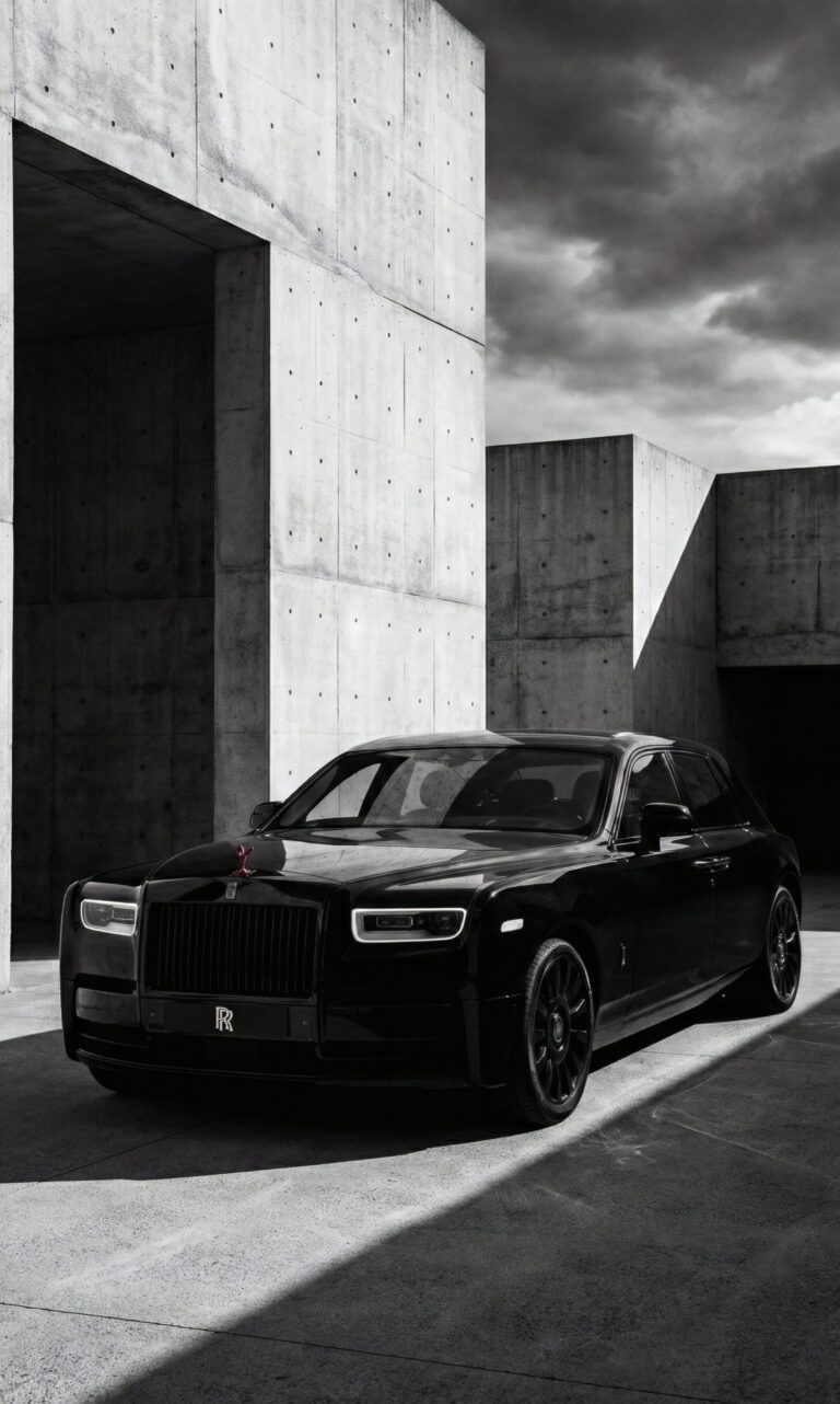 Highly detailed digital render of a sleek black luxury car parked in front of concrete architecture dark minimalist aesthetic 4K ultra HD mobile wallpaper