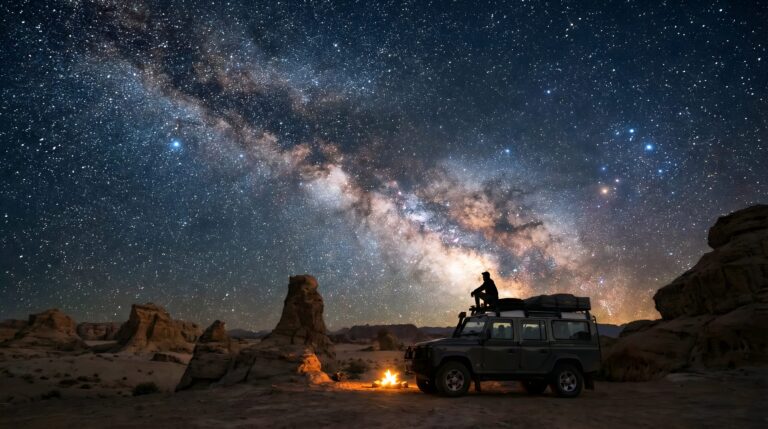 Highly detailed digital art of a nomad sitting on an off-road vehicle by a campfire under a stunning milky way galaxy starry night sky in a desert aesthetic 4K ultra HD PC desktop wallpaper