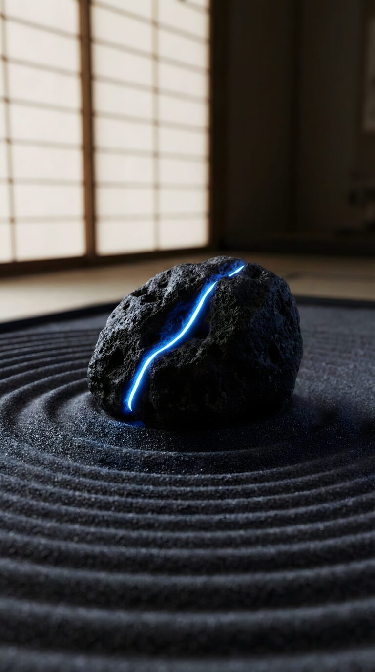 Close up of a dark textured rock with a glowing blue neon crack in a traditional Japanese zen garden with raked sand aesthetic 4K ultra HD mobile wallpaper