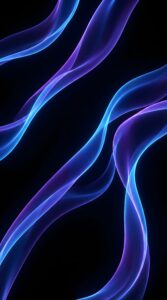 Abstract glowing blue and purple ribbon-like swirls on a deep black background.