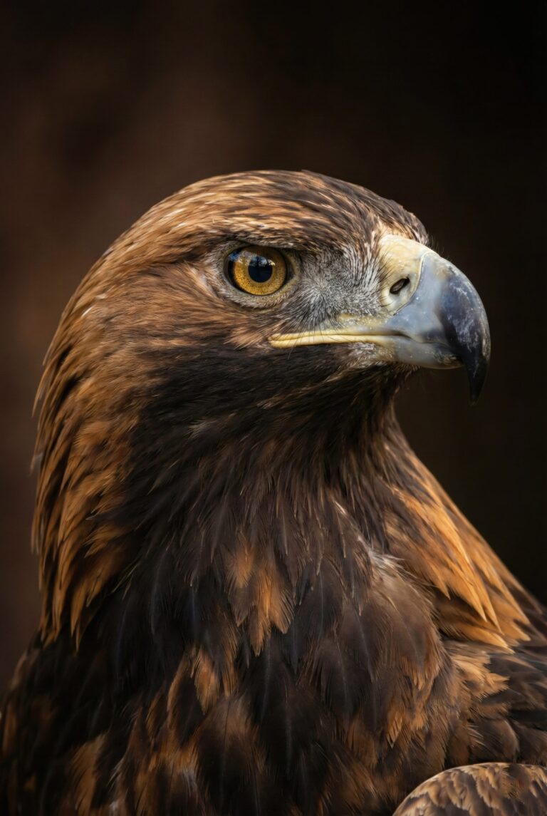 Close up portrait of a majestic golden eagle with sharp eyes and brown feathers on a dark blurred background aesthetic 4K ultra HD mobile wallpaper