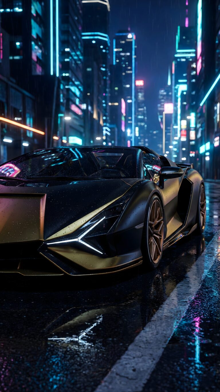 Highly detailed digital art of a sleek dark futuristic sci-fi supercar parked on a wet street reflecting neon lights in a cyberpunk city at night aesthetic 4K ultra HD mobile wallpaper