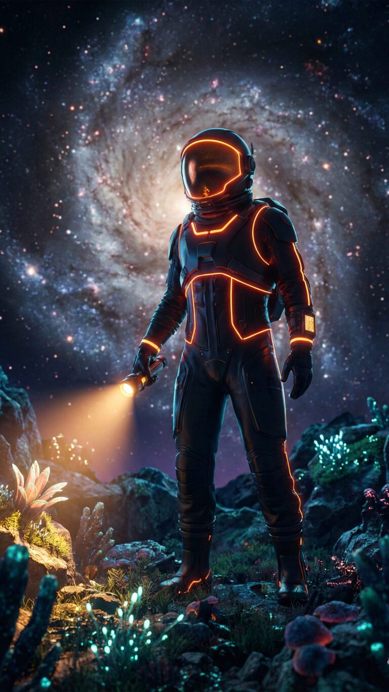 Highly detailed digital art of a futuristic astronaut in a glowing neon orange suit exploring an alien planet with a massive spiral galaxy in the background aesthetic 4K ultra HD mobile wallpaper