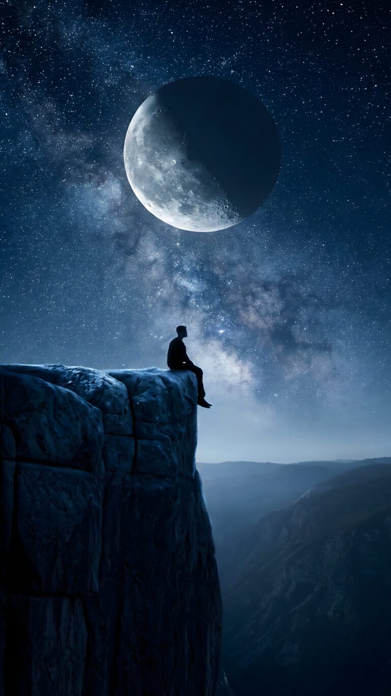 Highly detailed digital art of a solitary figure sitting on a high cliff edge contemplating a massive glowing moon and a starry night sky aesthetic 4K ultra HD mobile wallpaper