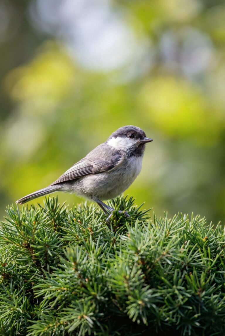 Highly detailed digital art of a Coal Tit bird perched on a green conifer branch with a soft blurred nature background aesthetic 4K ultra HD mobile wallpaper