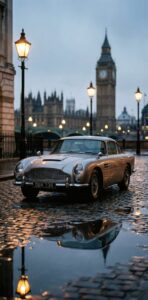Vintage silver luxury car parked on a rainy London street with Big Ben and street lamps in the background