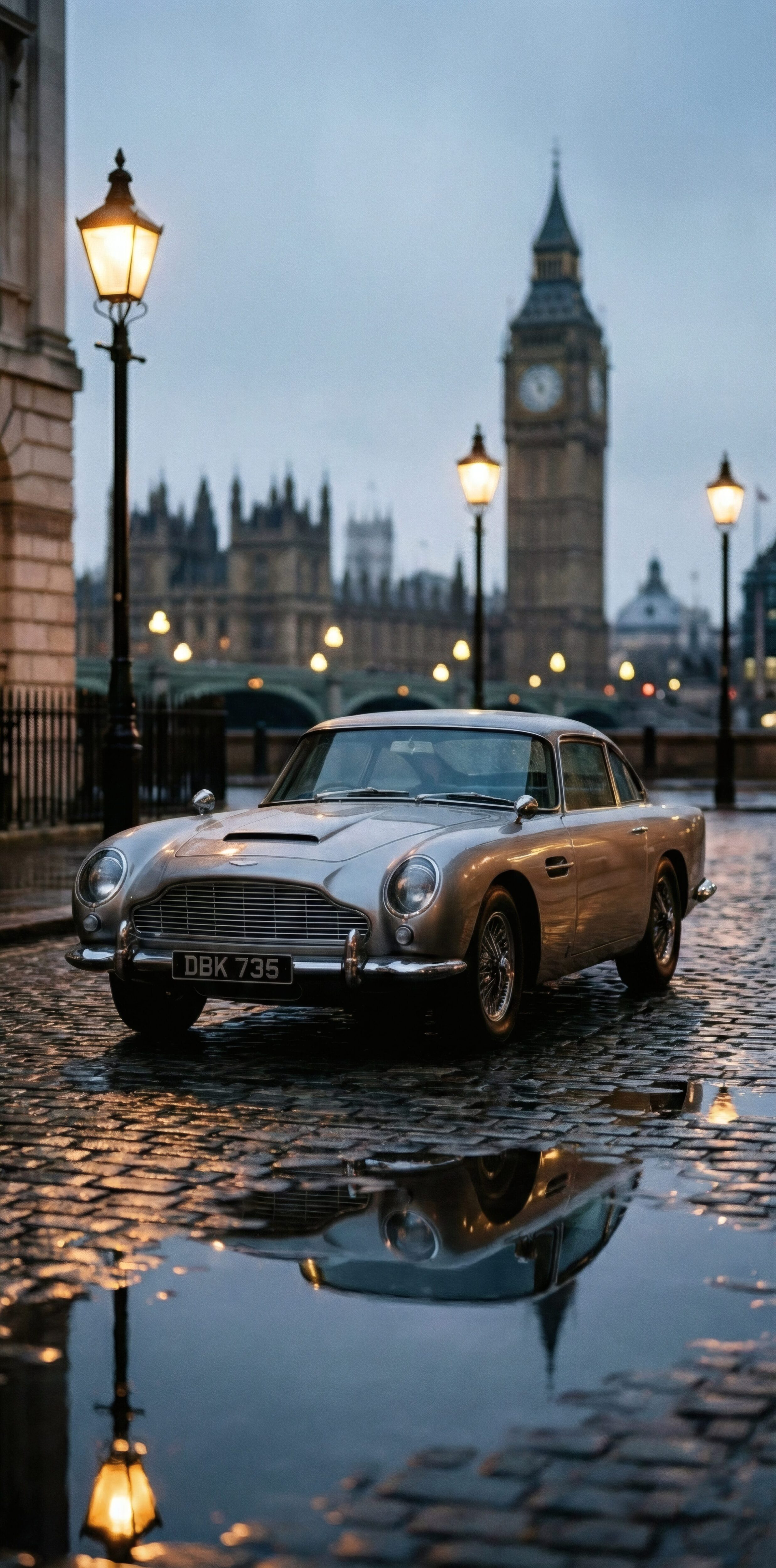 Vintage Pursuit – London Rain & Silver Car (AI Digital Art)