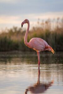 Beautiful pink flamingo standing in shallow water with a soft sunset background for mobile