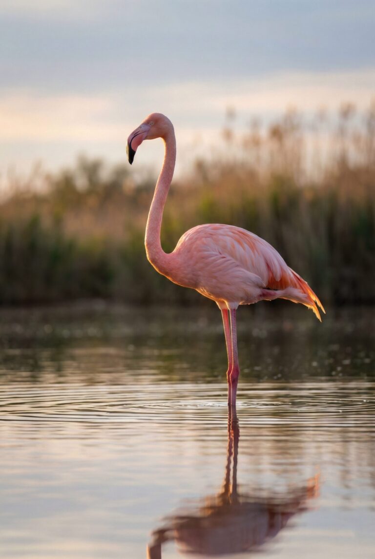 Beautiful pink flamingo standing in calm water with a golden sunset reflection aesthetic 4K ultra HD mobile wallpaper