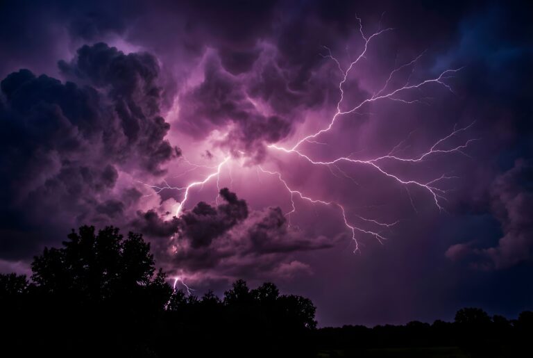 Highly detailed digital art of a dramatic thunderstorm with glowing purple lightning striking over a dark forest silhouette aesthetic 4K ultra HD PC desktop wallpaper