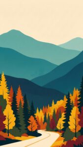 Minimalist vector art of colorful autumn mountains and forest with a winding road 4k mobile wallpaper