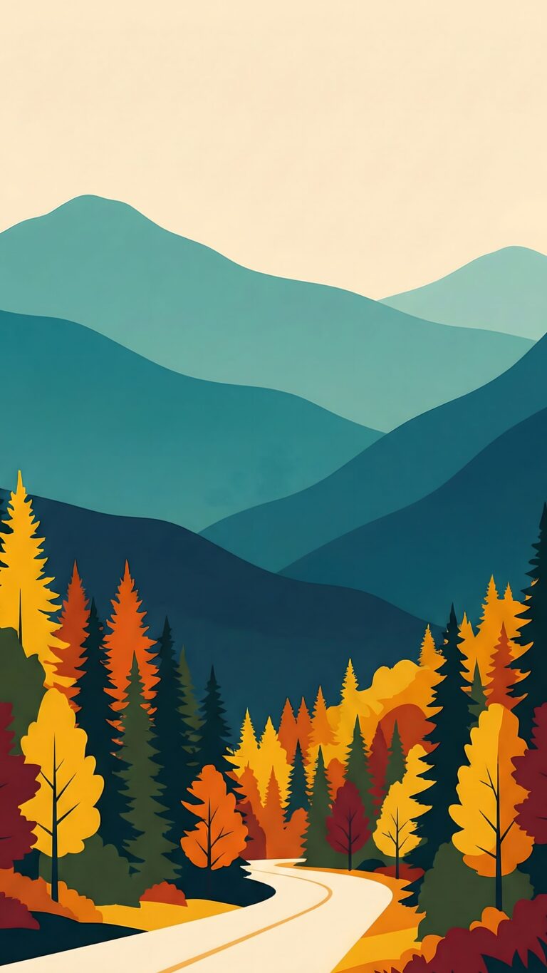 Highly detailed minimalist vector illustration of a peaceful mountain landscape with autumn trees and a winding road aesthetic 4K ultra HD mobile wallpaper